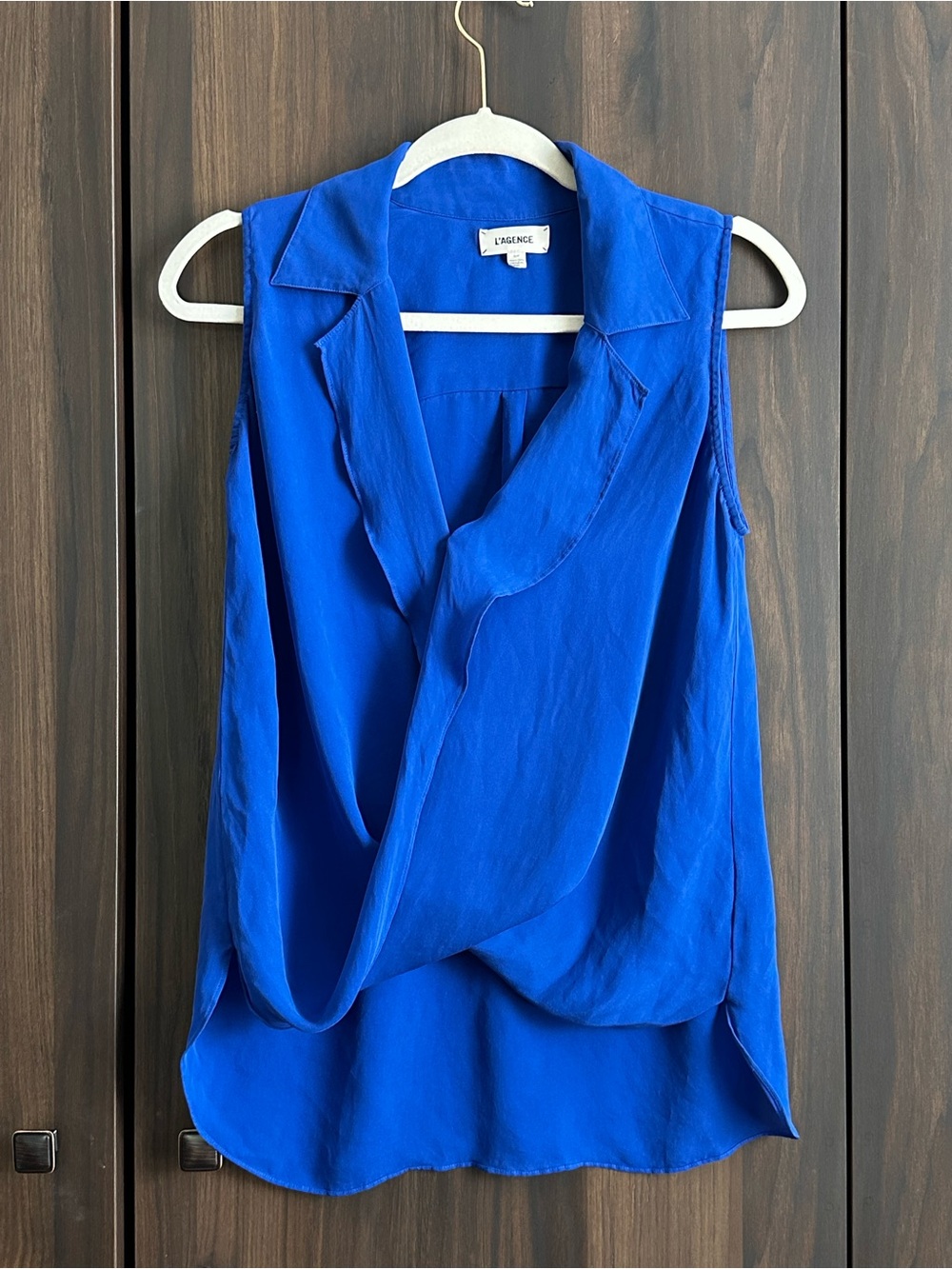 LAGENCE Freja Sleeveless Draped Blouse in Twilight Blue 100% Silk